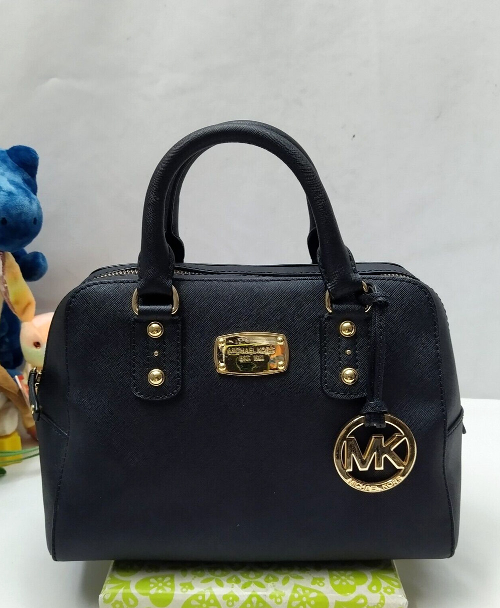 Michael Kors Black Leather Domed Double Handles Zipper Satchel Bag